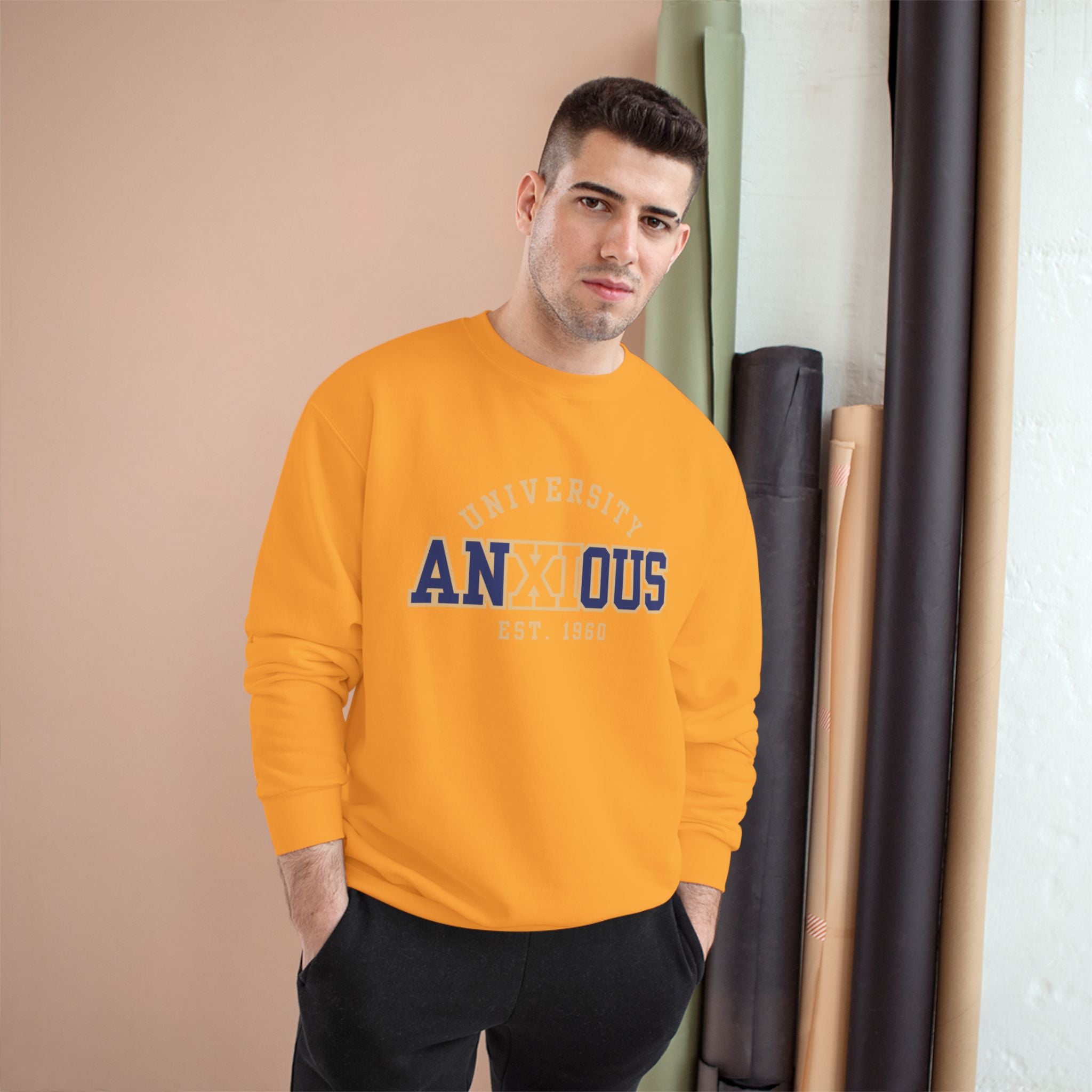Anxious University Champion Sweater | Mental Health Awareness Sweatshirt | Funny Anxiety College Logo Pullover