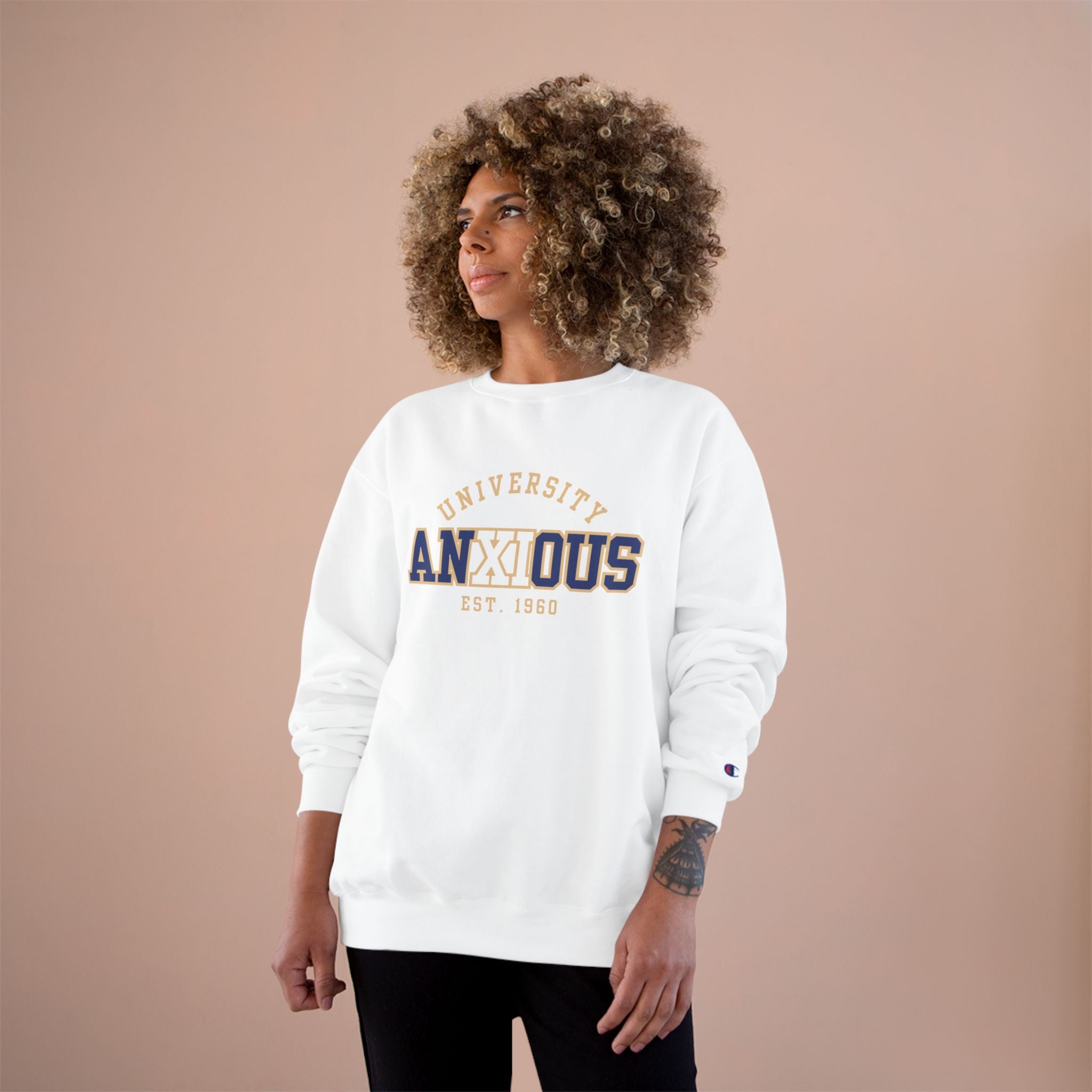 Anxious University Champion Sweater | Mental Health Awareness Sweatshirt | Funny Anxiety College Logo Pullover