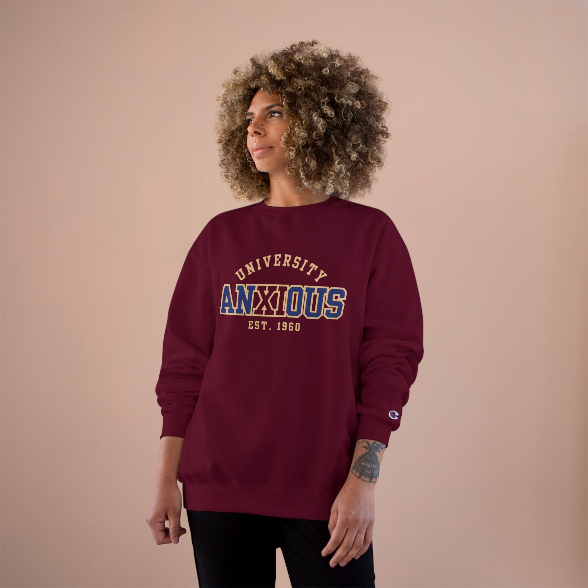 Anxious University Champion Sweater | Mental Health Awareness Sweatshirt | Funny Anxiety College Logo Pullover