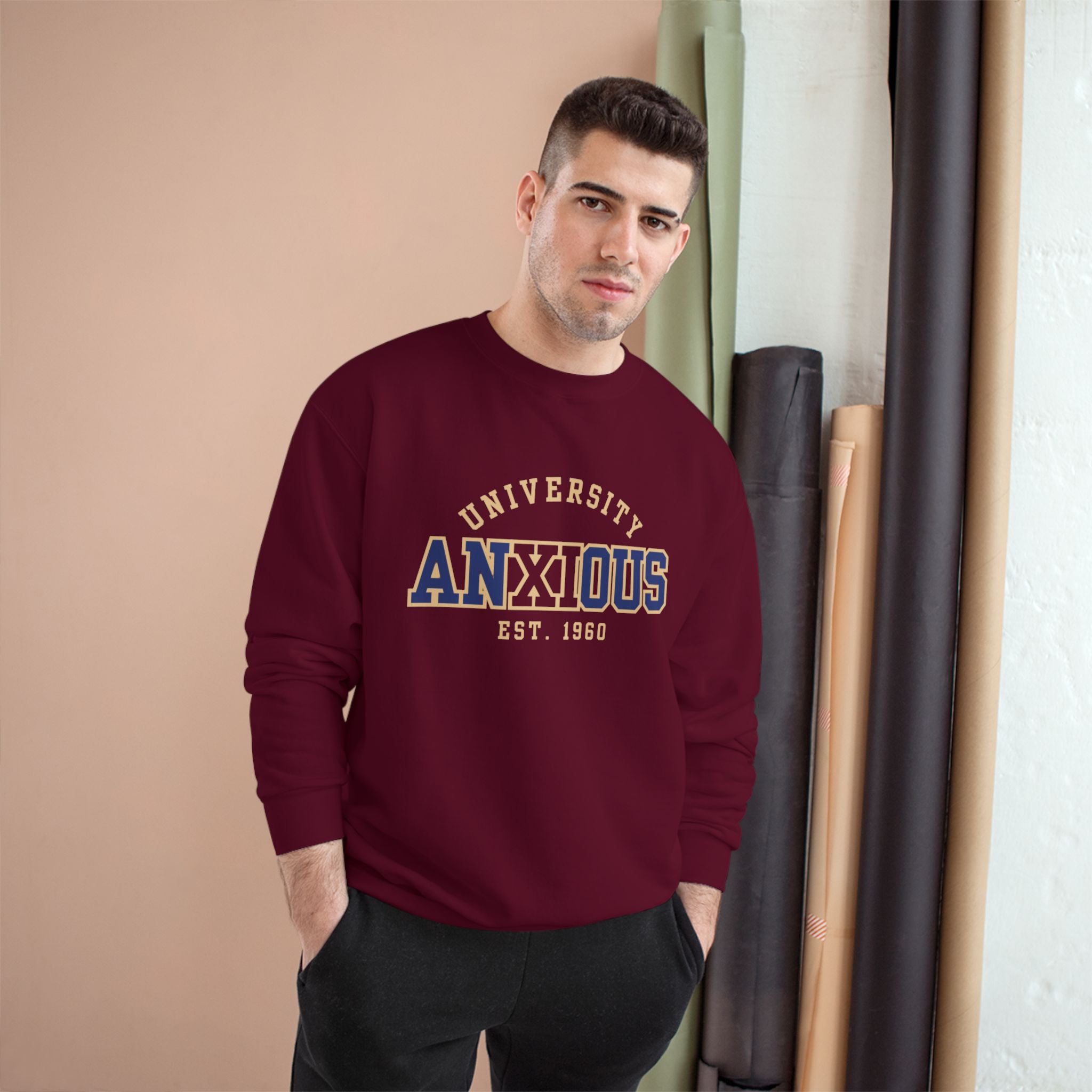 Anxious University Champion Sweater | Mental Health Awareness Sweatshirt | Funny Anxiety College Logo Pullover